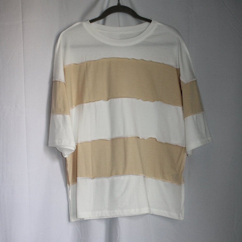 NWOT Oversize Baggy Crew Neck T-Shirt Colorblock Yellow and White Exposed Seam